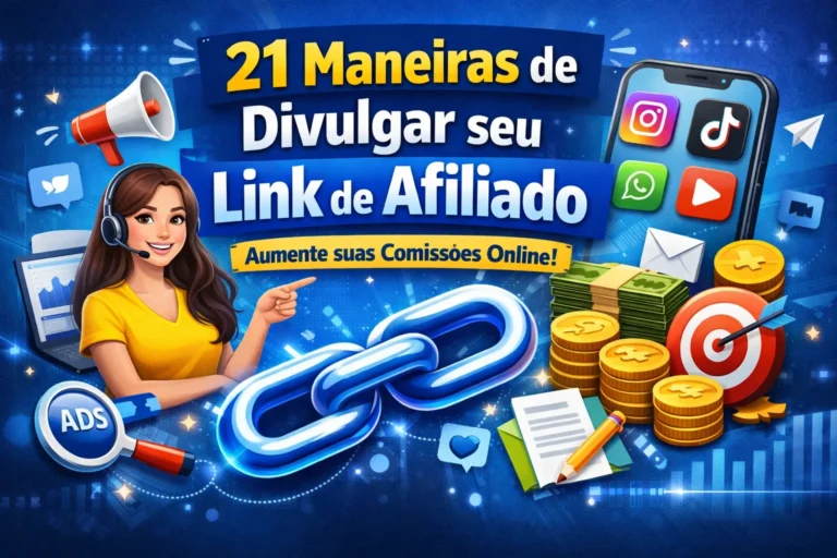 Ilustração digital sobre marketing de afiliados mostrando o título “21 maneiras de divulgar seu link de afiliado”, com ícones de redes sociais, moedas, alvo de vendas, laptop, megafone e uma criadora de conteúdo apontando para um grande ícone de link representando estratégias para aumentar comissões online.