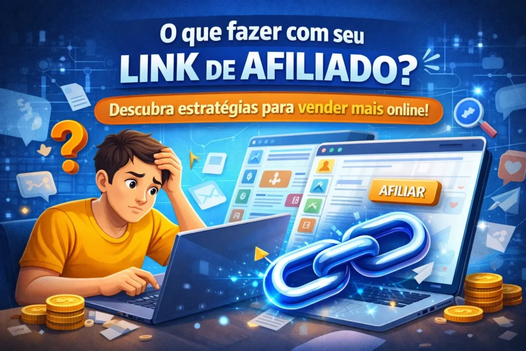 Ilustração de um afiliado iniciante olhando para um laptop com expressão de dúvida enquanto aparece um grande ícone de link de afiliado na tela, acompanhado do texto “O que fazer com seu link de afiliado?” e elementos de marketing digital, moedas e plataformas online representando estratégias para vender mais na internet.