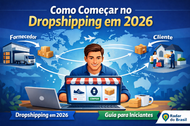 Como começar no dropshipping em 2026 - ilustração de loja virtual vendendo produtos sem estoque