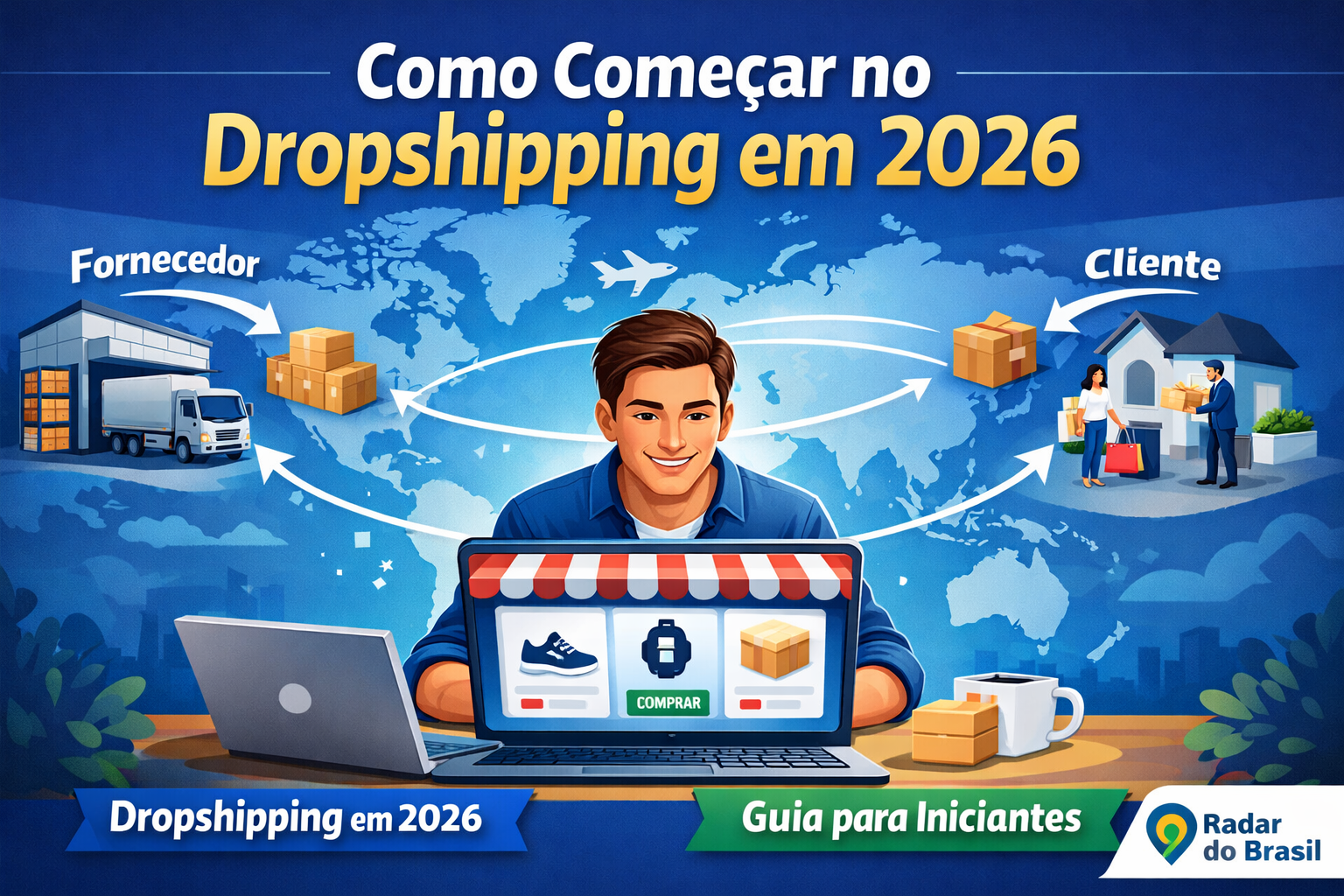 Como começar no dropshipping em 2026 - ilustração de loja virtual vendendo produtos sem estoque